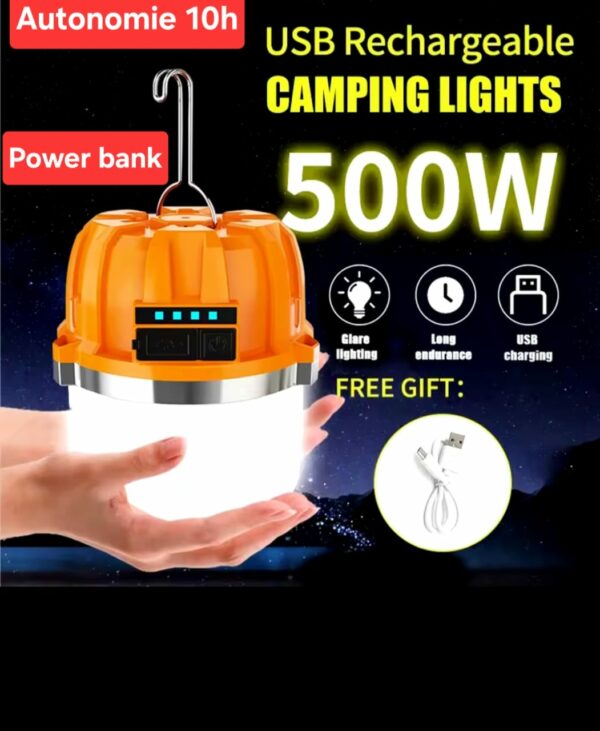 Lampe de camping 500W rechargeable / power bank